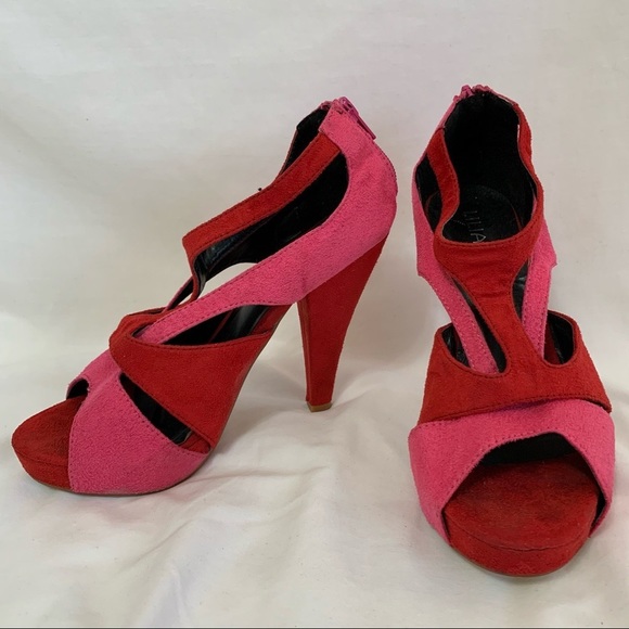 Liliana Red suede red pink straps hidden platform heel sandals duo tone peep toe - Picture 9 of 16